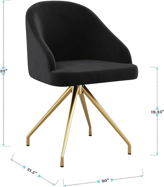 Martha Stewart Sora Stationary Swivel Task Chair with Sloped Arms for Home Office in Black Velvet with Polished Brass Frame - LeafyLoom