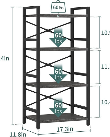 Yoobure 4 Tier Bookshelf - Small Book Shelf Industrial Bookcase, Narrow Book Case Book Storage Organizer for CD/Movie/Book, Bookshelves for Bedroom Office Living Room Charcoal Gray - LeafyLoom