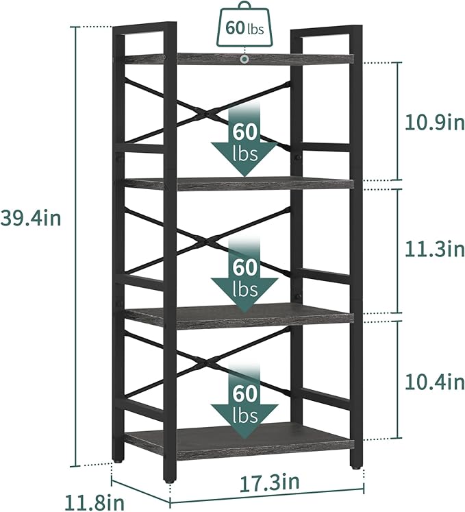 Yoobure 4 Tier Bookshelf - Small Book Shelf Industrial Bookcase, Narrow Book Case Book Storage Organizer for CD/Movie/Book, Bookshelves for Bedroom Office Living Room Charcoal Gray - LeafyLoom