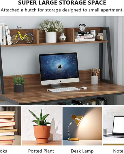 Tribesigns Computer Desk with Hutch, 47 inches Home Office Desk with Space Saving Design with Bookshelf for Small Spaces (Dark Walnut, 47) - LeafyLoom