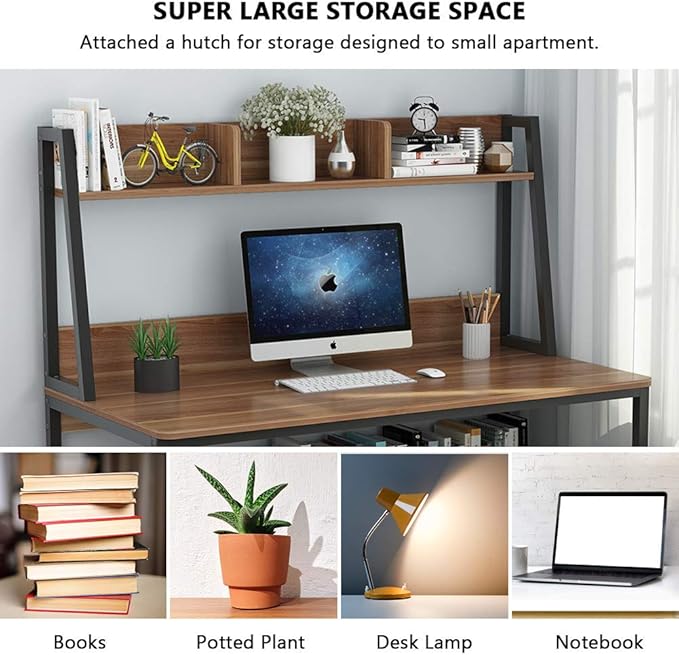 Tribesigns Computer Desk with Hutch, 47 inches Home Office Desk with Space Saving Design with Bookshelf for Small Spaces (Dark Walnut, 47) - LeafyLoom