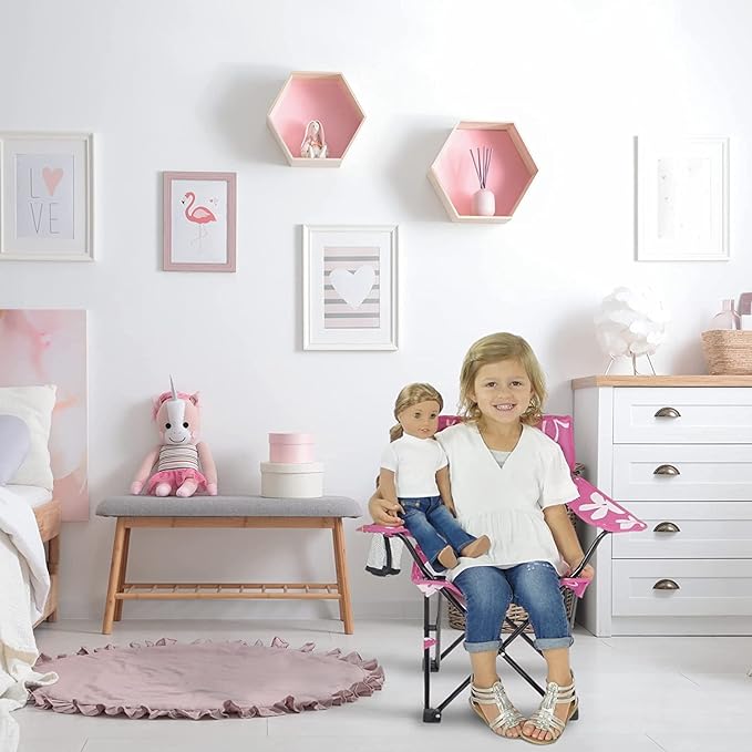 Emily Rose Kids Folding Chair | USA Company | Pink Kid Beach Chair with Safety Lock- Camping Chair for Girls Toddler with Cup Holder & Carry Case- Tailgate, Travel, Beach, Lawn- for Indoor & Outdoor - LeafyLoom