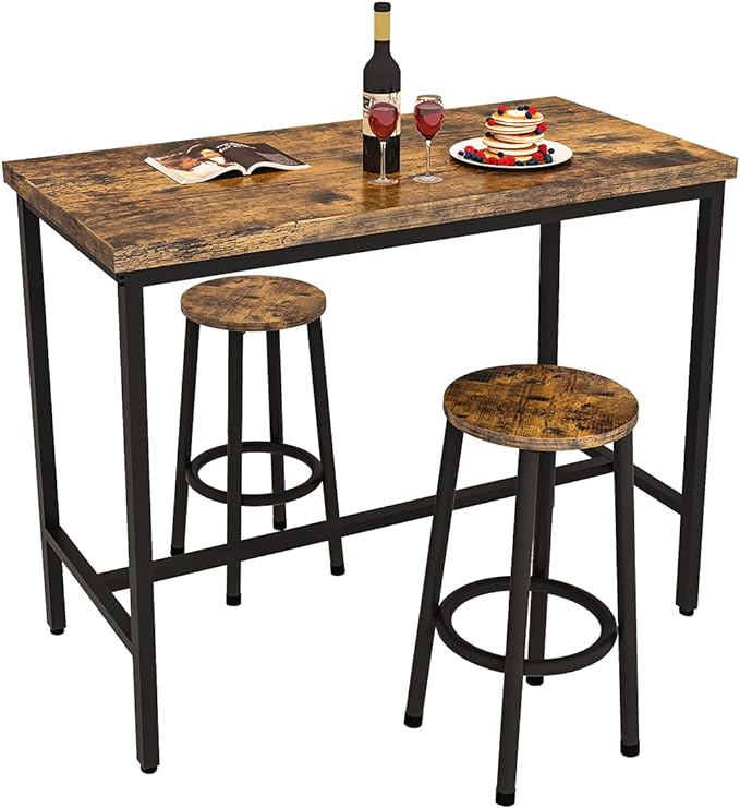 Recaceik 3 Piece Pub Dining Set, Modern bar Table and Stools for 2 Kitchen Counter Height Wood Top Bistro Easy Assemble for Breakfast Nook Living Room Small Space Restaurant, Rustic Brown 39” - LeafyLoom