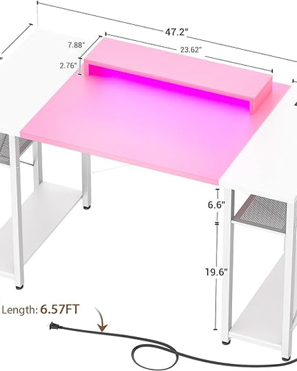 armocity Computer Desk with LED Lights, 48 Inch Desk with Power Outlet and USB, Reversible Large Desk with Moveable Monitor Stand, 48'' Gaming PC Table for Home Office, Workstation, Pink and White - LeafyLoom