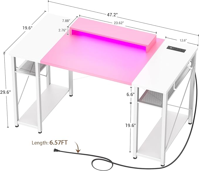armocity Computer Desk with LED Lights, 48 Inch Desk with Power Outlet and USB, Reversible Large Desk with Moveable Monitor Stand, 48'' Gaming PC Table for Home Office, Workstation, Pink and White - LeafyLoom