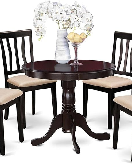 East West Furniture Antique 5 Piece Kitchen Set Includes a Round Room Table with Pedestal and 4 Linen Fabric Upholstered Dining Chairs, 36x36 Inch, ANTI5-CAP-C - LeafyLoom