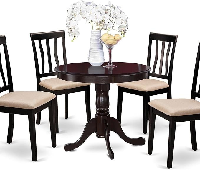 East West Furniture Antique 5 Piece Kitchen Set Includes a Round Room Table with Pedestal and 4 Linen Fabric Upholstered Dining Chairs, 36x36 Inch, ANTI5-CAP-C - LeafyLoom
