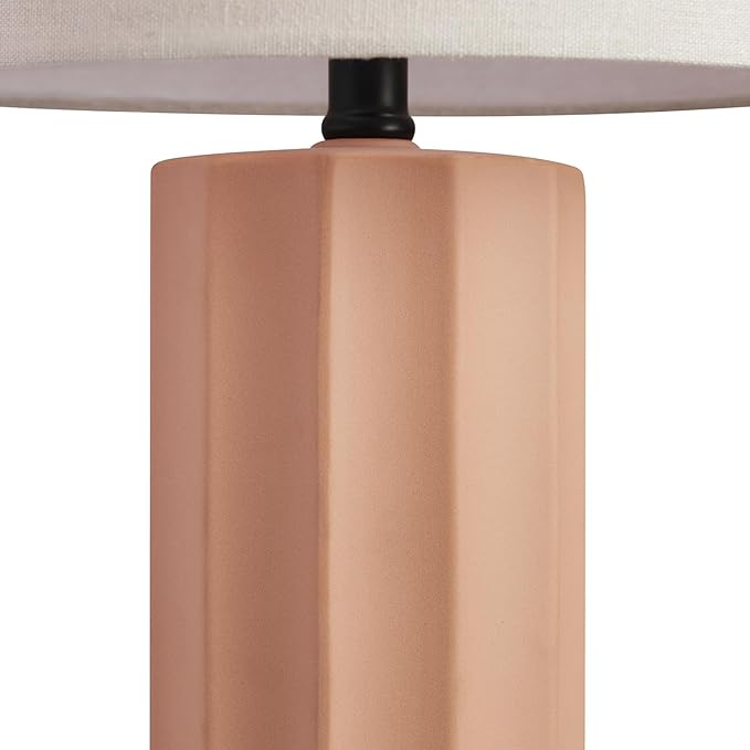 Globe Electric 61000062 20" Ribbed Ceramic Table Lamp, Matte Terracotta Finish, White Linen Shade, On/Off Rotary Switch on Socket, for Living Room, Bedroom, Office, Home Décor - LeafyLoom