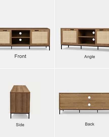 Anmytek Farmhouse Rattan TV Stand for 65 Inch TV Rustic TV Console Table with 2 Rattan Doors Modern Entertainment Center for Living Room Bedroom H0033 - LeafyLoom
