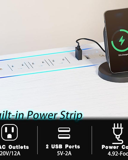 White Computer Desk with Drawer and Power Outlets, 55" Office Desk with Monitor Stand and Sheleves,Writing Study Gaming Desks with Led Light and Headphone Hook for Bedroom - LeafyLoom