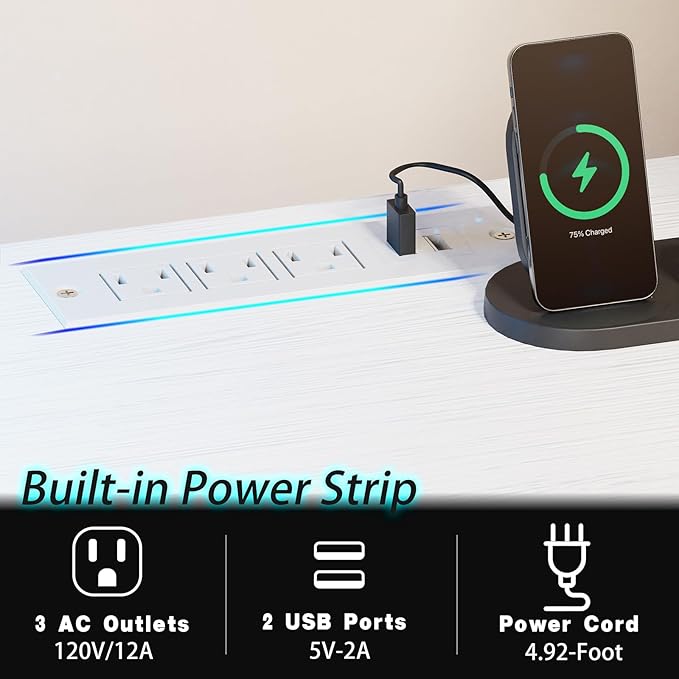 White Computer Desk with Drawer and Power Outlets, 55" Office Desk with Monitor Stand and Sheleves,Writing Study Gaming Desks with Led Light and Headphone Hook for Bedroom - LeafyLoom