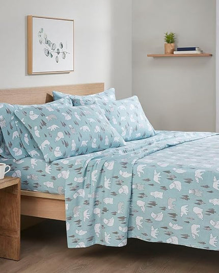 Comfort Spaces Novalty Cotton Flannel Breathable Warm Deep Pocket Sheets With Pillow Case Bedding, Full, Blue Polar Bears 4 Piece - LeafyLoom