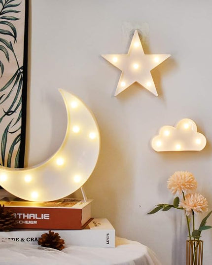 GUOCHENG Lovely White Moon Star Cloud Light Set Battery Operated LED Marquee Light Sign Warm White Bedside Lamps for Kids Children Bedroom Nursery, Baby Standing Night Light - LeafyLoom