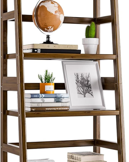 Ladder Bookcase, 4-Tier Leaning Bookshelf, Freestanding Open Display Storage Rack Shelf, Small Flower Plant Stand, Space Saving Bamboo Book Shelf, Walnut - LeafyLoom