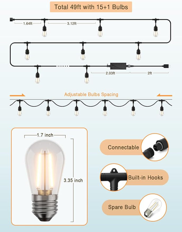XMCOSY+ Outdoor String Lights, Smart Patio Lights 49Ft, APP WiFi Control, Work with Alexa, Waterproof Dimmable Edison Outdoor Lights for Patio Outside XMcosy
