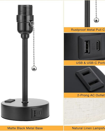 Small Bedside Lamps 3 Color Modes - Off White 2700K 3500K 5000K Bedroom Lamps with USB C and A Ports, Pull Chain Table Lamps with AC Outlet, Nightstand Lamps with Black Metal Base for Kids Reading - LeafyLoom