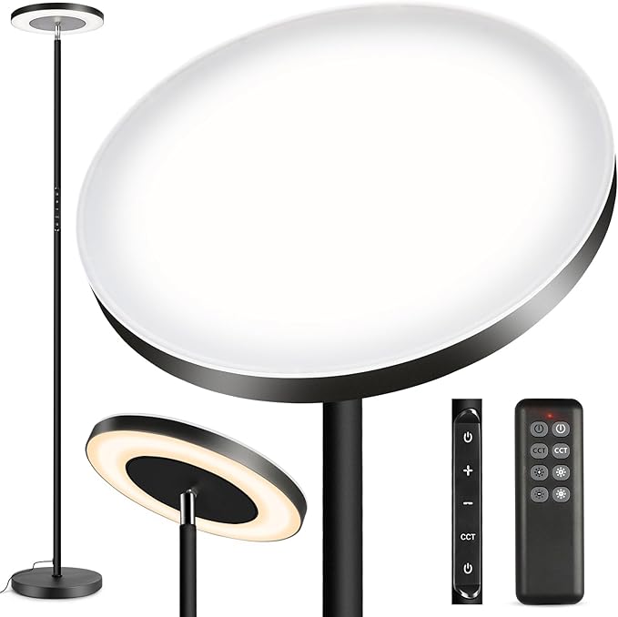 OUTON LED Torchiere Floor Lamp, Super Bright Dimmable Tall Standing Lamp with Remote Touch Control, 4 Color Temperatures, 1-Hour Timer for Living Room, Bedroom, Office (Classic Black) - LeafyLoom