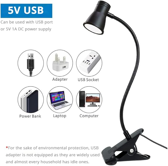 3W 5V USB Portable LED Clip Desk Table Headboard Lamp 3 Colors Changeable Dimmable Adjustable 15" Arm for Reading Working Drawing (15" Clip Light Horn Style) - LeafyLoom
