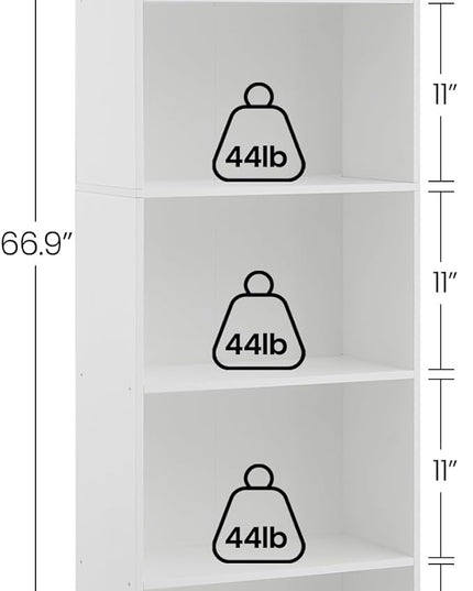 6-Tier Bookshelf, 66.9 Inches Floor Standing Bookcase, Display Storage Shelf, Corner Shelf, Home Decor Furniture for Home Office, Living Room, Bedroom, White 01103XBC - LeafyLoom