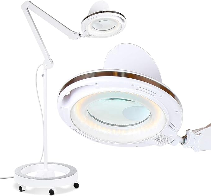 Brightech LightView Pro Magnifying Glass with Light and Stand, Magnifying Floor Lamp with a 6-Wheel Rolling Base for Facials, Lash Estheticians, Dimmable LED Work Light for Sewing, Crafts - LeafyLoom