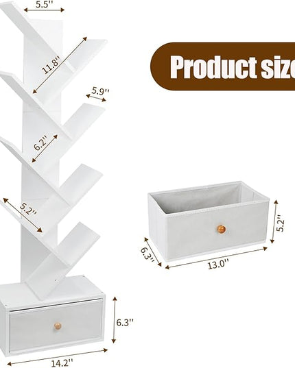 8-Tier Bookshelf Tree Bookshelf Book Tree with Drawer Wooden Bookshelves Storage Rack for CDs/Books, Shelves for Bedroom, Living Room & Office (White) - LeafyLoom