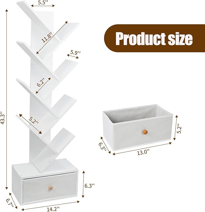 8-Tier Bookshelf Tree Bookshelf Book Tree with Drawer Wooden Bookshelves Storage Rack for CDs/Books, Shelves for Bedroom, Living Room & Office (White) - LeafyLoom