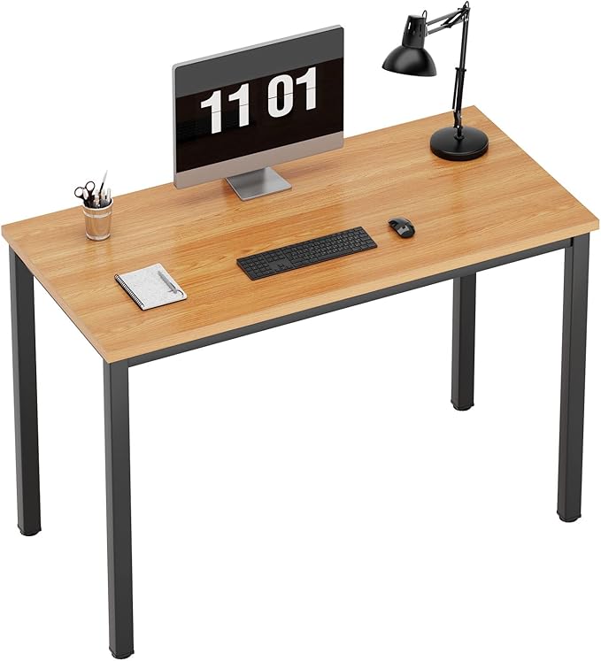 Need Small Desk, 39.4 inches Sturdy Writing Desk for Small Spaces, Small Computer Desk Teens Desk Study Table Laptop Desk Home Ofice Desk, Black Metal Frame, Teak - LeafyLoom
