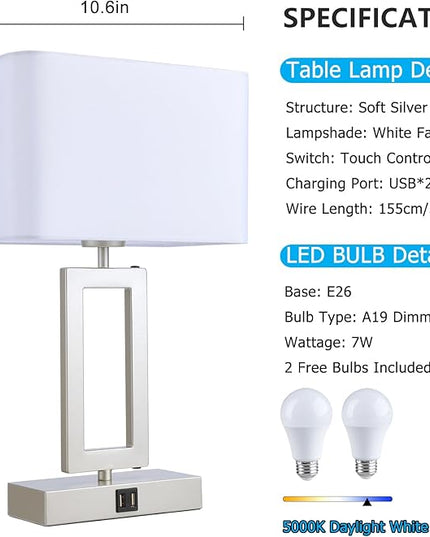 Table Lamp Set of 2 Lamps for Bedroom, Touch Control Table Lamps with 2 USB Ports, 3-Way Dimmable Bedside Nightstand Lamps, Silver&White Lamp for End Table Living Room Modern - LeafyLoom