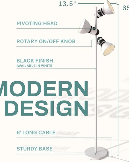 3 Light Floor Lamp Adjustable Standing Lamp for Living Room, Bedroom and Office, 60W Bright Spotlight Lighting - Rotating Swivel Corner Light for Reading, Modern Tree Lamps (White) - LeafyLoom