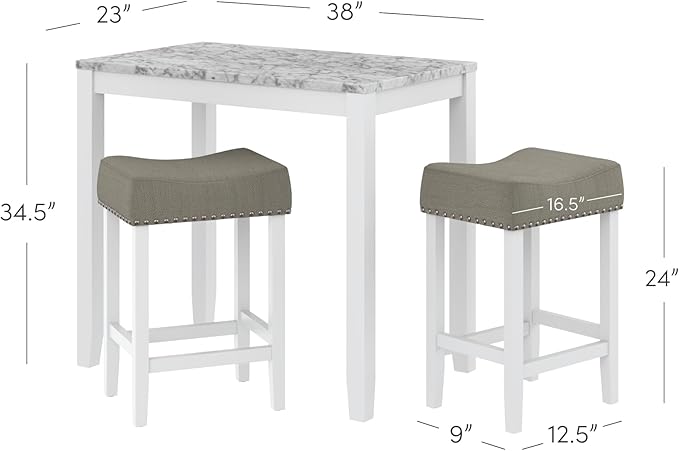 Nathan James Viktor 3 Piece Dining Set, Heigh Kitchen Counter Pub or Breakfast Table with Marble Top and Fabric Wood Base Seat, Light Gray/White - LeafyLoom