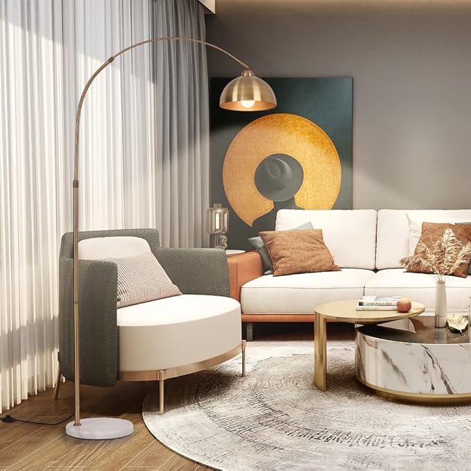 Modern 72in Arc floor lamps,Task Light, metal dome lampshade, marble base, adjustable high standing lighting, suitable for reading corner lamp in living room, study, office, hotel, and bedroom (Gold) - LeafyLoom
