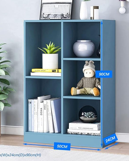 IOTXY Open Shelf Low Bookcase - Wooden 3-Tier Floor Standing Display Cabinet Organizer with Base, 5 Cubes Short Horizontal Bookshelf in Bright Blue - LeafyLoom