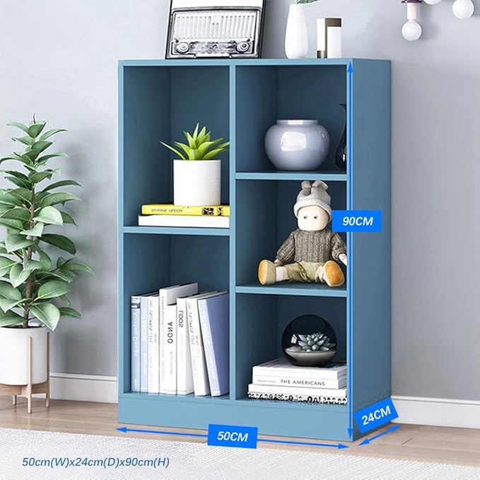 IOTXY Open Shelf Low Bookcase - Wooden 3-Tier Floor Standing Display Cabinet Organizer with Base, 5 Cubes Short Horizontal Bookshelf in Bright Blue - LeafyLoom
