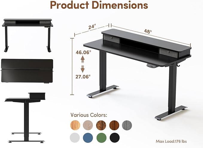 BANTI 48x24 Inch Electric Standing Desk with Double Drawers, Adjustable Height Stand Up Desk, Sit Stand Home Office Desk with Storage Shelf, Black Top - LeafyLoom