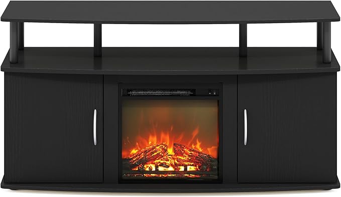 Furinno Jensen Living Room Fireplace TV Entertainment Center with Doors Storage Cabinet for TV up to 55 Inch, Americano/Black - LeafyLoom