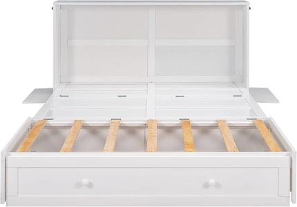 Murphy Cabinet Bed Queen Size with Drawer and Little Shelves on Each Side, can be Foldable/Space Saving, Wooden Low Bedframe for Bedroom/Apartment, White - LeafyLoom