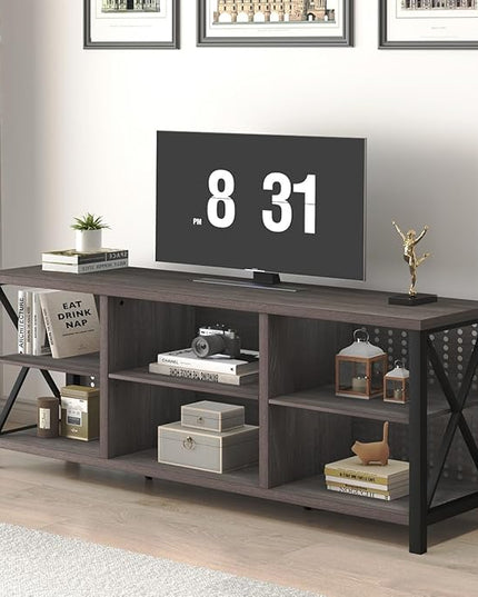 LVB Gray TV Stand for 75 Inch TV, Long Rustic Wood Entertainment Center, Large Farmhouse Media tv console with Storage, Metal Industrial television stands Cabinet for Bedroom, Dark Gray Oak, 63 Inch - LeafyLoom