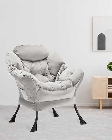 Lazy Chair Thick Padded, Accent Chair Velvet Upholstered with Wide Seat, Stable Metal Frame and Non-Slip Pad, Modern Sofa Armchair with Side Storage Bag for Dorm, Room, Office, Light Gray - LeafyLoom