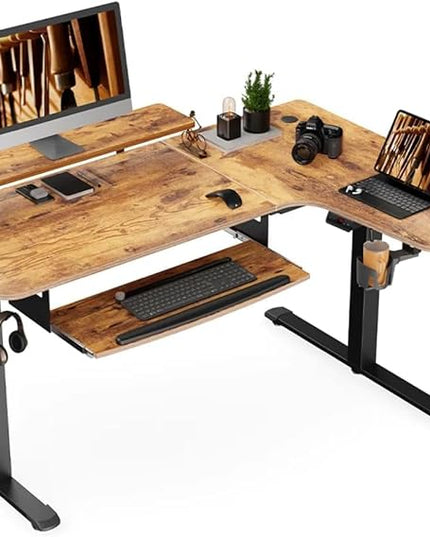 EUREKA ERGONOMIC Standing Desk with Keyboard Tray, Computer Desk, 61" L Shaped Electric Adjustable Height Desk w Monitor Stand LED, Corner Sit Stand Desk Gaming Desk, Dual Motor,Right/Rustic Brown - LeafyLoom