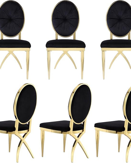 ACEDÉCOR Black and Gold Dining Chairs Set of 6, Black Velvet Upholstered Dining Room Chair with Polished Gold X Shaped Legs, Oval Back Dining Chairs for Kitchen, Dining Room, Living Room,Department - LeafyLoom