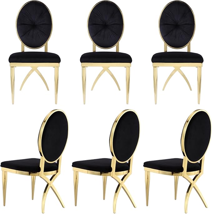 ACEDÉCOR Black and Gold Dining Chairs Set of 6, Black Velvet Upholstered Dining Room Chair with Polished Gold X Shaped Legs, Oval Back Dining Chairs for Kitchen, Dining Room, Living Room,Department - LeafyLoom