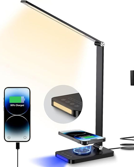 Desk Lamp with Wireless Charger, LED Table Lamps for Home Office, USB Charging Port, Blue and Warm Bedside Night Light, Touch Dimmable, Eye-Caring, Timer, with Adapter, Black - LeafyLoom