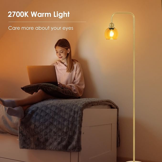 Modern Floor Lamp for Living Room with 6W LED Bulb, Industrial Floor Lamp, Amber Glass, Classic Reading Tall Lamp for Home Office, Standing Lamp for Study, Minimalist, Vintage, Mid Century, Brass Gold - LeafyLoom