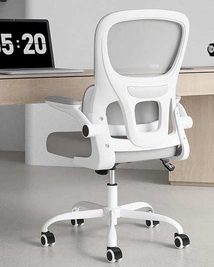 Soohow Ergonomic Home Office Chair, Mesh Desk Chair with Lumbar Support, Comfy Computer Desk Chair with Flip Armrest Rolling Wheels, Grey. - LeafyLoom