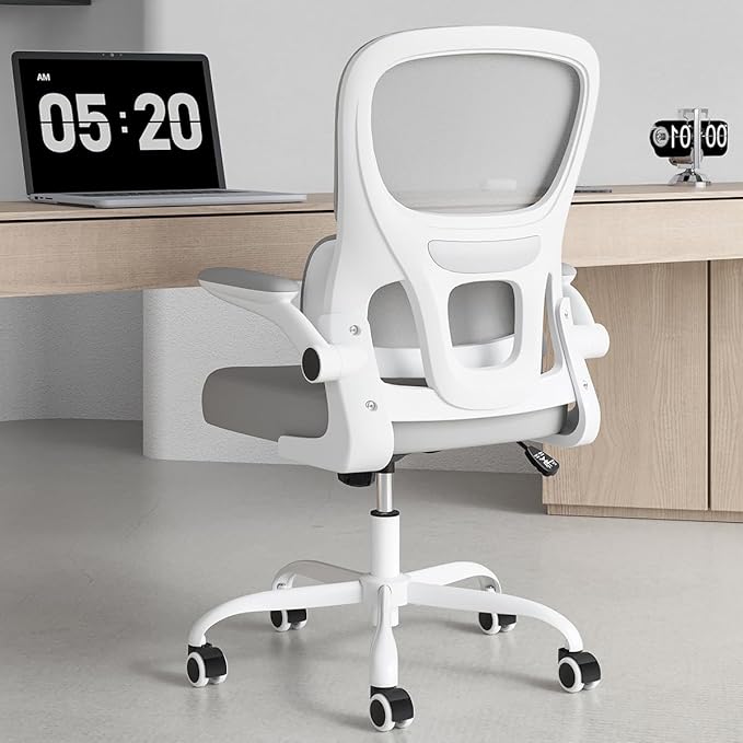 Soohow Ergonomic Home Office Chair, Mesh Desk Chair with Lumbar Support, Comfy Computer Desk Chair with Flip Armrest Rolling Wheels, Grey. - LeafyLoom