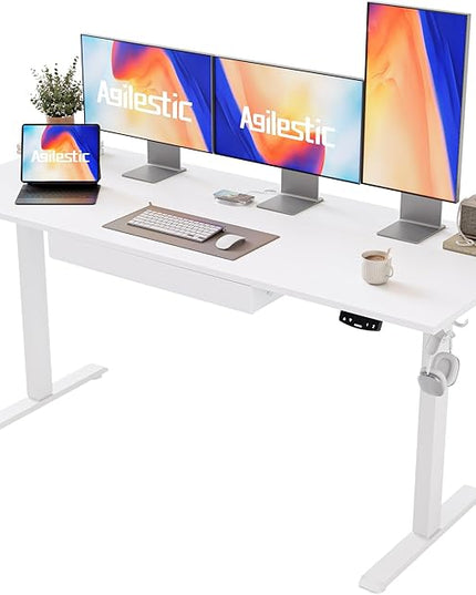 Adjustable Height Electric Standing Desk with Storage Wooden Drawer, 63 x 24 Inches Stand Up Home Office Computer Gaming Table with Splice Board for Work Office Home, White - LeafyLoom