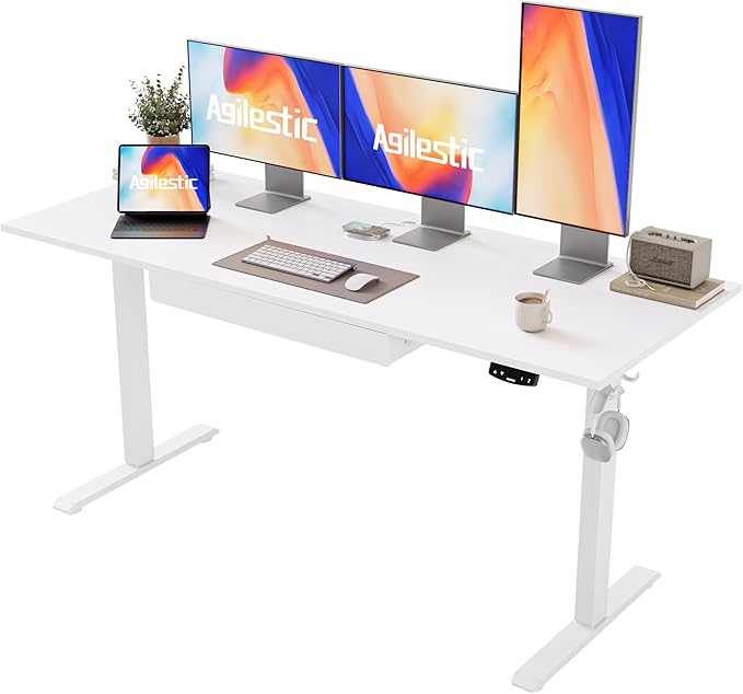 Adjustable Height Electric Standing Desk with Storage Wooden Drawer, 63 x 24 Inches Stand Up Home Office Computer Gaming Table with Splice Board for Work Office Home, White - LeafyLoom