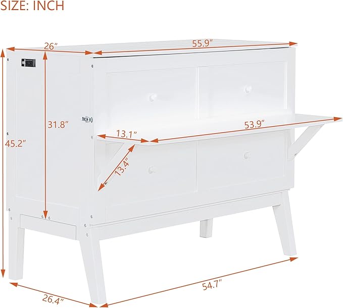 Murphy Bed Full Size with USB Port and Removable Shelves on Each Side, Wooden Platform Bedframe Foldable into Wall Cabinet, Space Saving, for Bedroom Guest Room Office, White - LeafyLoom