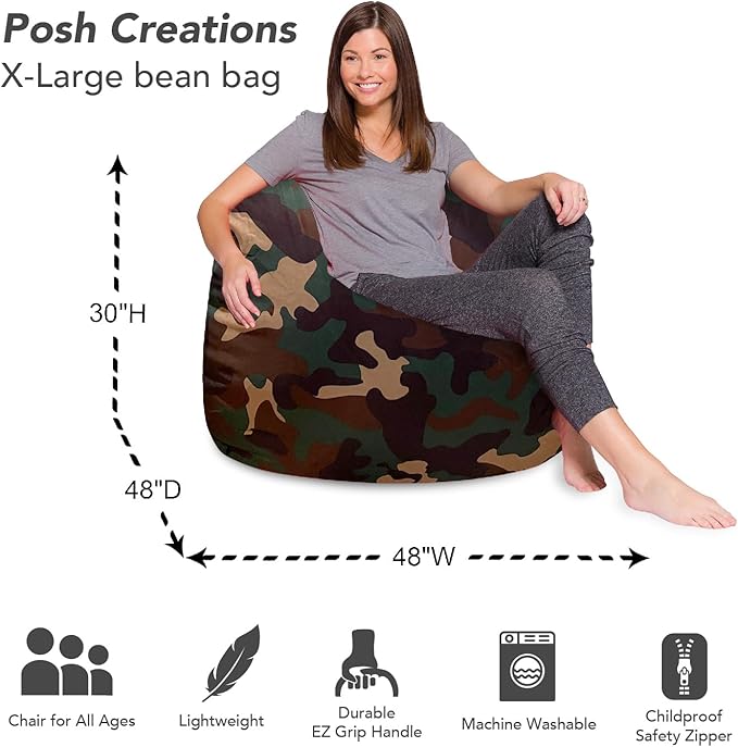 Posh Creations Bean Bag Chair for Kids, Teens, and Adults Includes Removable and Machine Washable Cover, Soft Nylon - Camo Green, 48in - X-Large - LeafyLoom