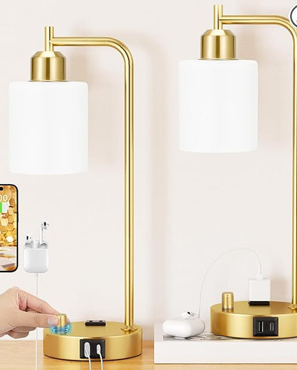 Innqoo Industrial Table Lamps for Bedroom Set of 2 - Fully Dimmable Bedside Lamps with USB Ports and Outlet, Gold Nightstand Lamps with Opal Glass Shade for Living Room, Desk Lamps for Office Reading - LeafyLoom
